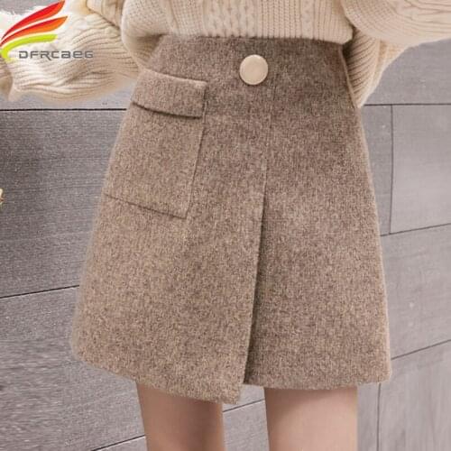 New Autumn Winter High Waist Mini Woolen Skirt Women Khaki Gray Black Outerwear Warm Skirts Button Pockets A-line Skirts Womens