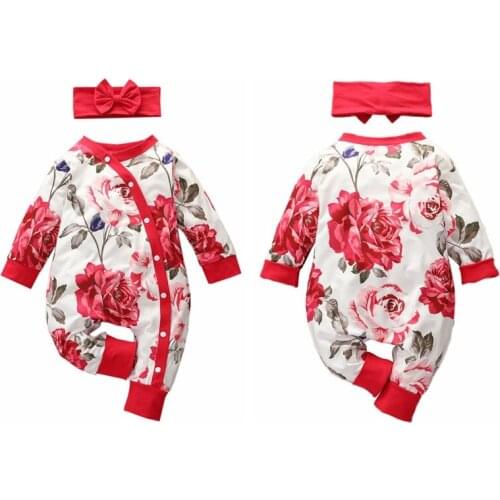 Autumn-Winter Infant Baby Girl Jumpsuit Outfits 2Pcs Floral Long-sleeved Rompers Single-breasted Headband Casual Outfits