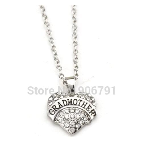 Hot Sale 20pcs a lot rhodium plated GRADMOTHER clear crystal heart pendant necklace