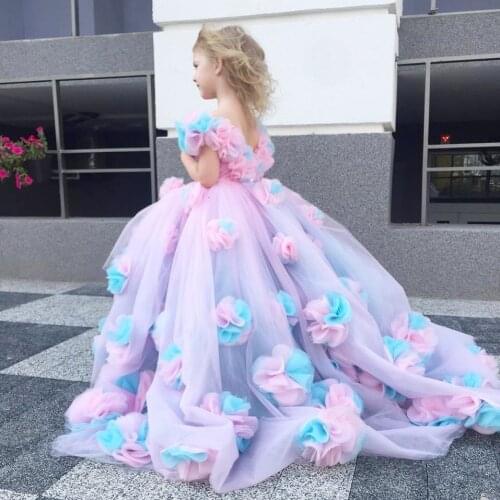 3D Flowers Pink Flower Girls Dress Party Dresses Ball Gowns Off Shoulder Birthday Pageant Party Dresses