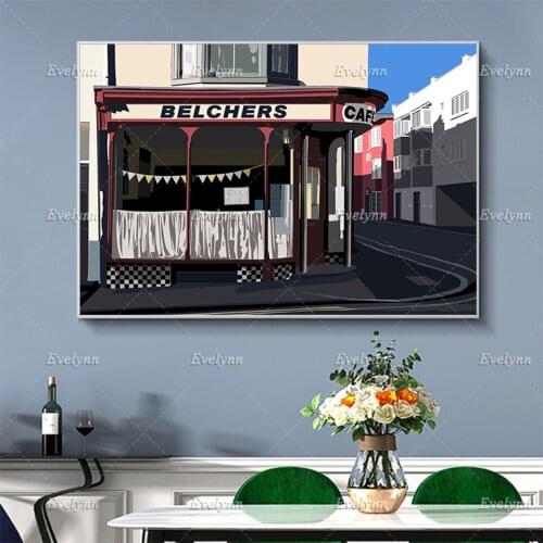 Belchers Cafe Brighton Posters,Minimalism Abstract Wall Art Prints Home Decor Canvas Unique Gift Floating Frame