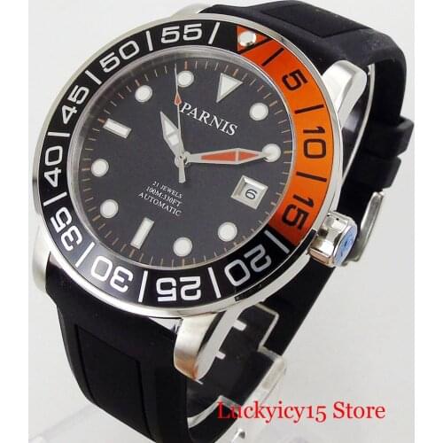 PARNIS Luxury Round 42mm Self Winding Men Wristwatch Date Sapphire Glass Black Dial Rubber Strap