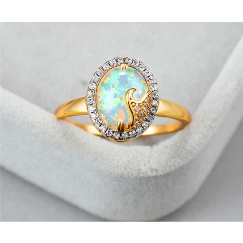 Luxury Female White Fire Opal Stone Ring Vintage Yellow Gold Thin Wedding Rings For Women Promise Oval Love Engagement Ring