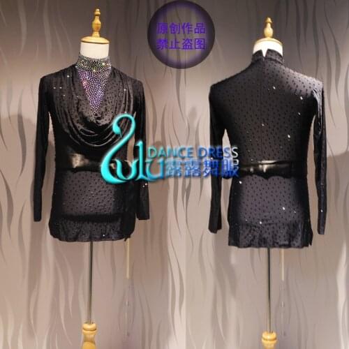 Black Lycra Latin Dance Dress Clothing Salsa Costume Ballroom Competition man shirt Black boy Shirt Black crystal shirt