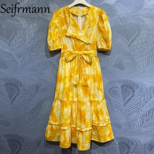 Seifrmann New 2021 Summer Women Fashion Designer Party Midi Dress Lantern Sleeve High Waist Bow Sashes Ruffles Printed Dresses