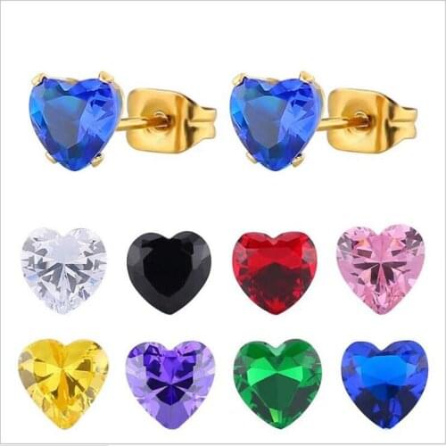 Pe098 316L Stainless Steel size 5mm Heart Shape AAA Colorful Zircon Stud Earrings 3 Colors Vacuum Plating No Fade Allergy Free