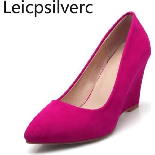 Pumps spring summer New fashion Shallow mouth Pointed Suede Wedge Big size Womens shoes Single shoes plus size 31-43