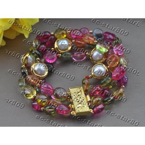 Z11383 4Row 8" 15mm Multicolor Tourmaline gold-plating White Pearl Bracelet