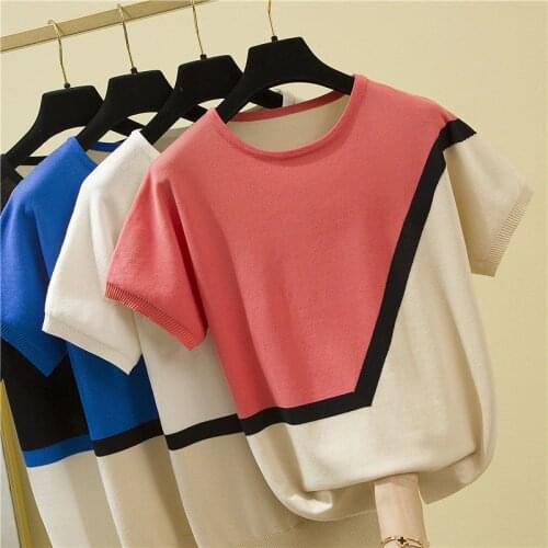Tee Shirt Femme Camisetas Mujer 2021 Contrast Color Striped Thin Knitted T Shirt Women Short Sleeve Summer Tops Woman T-Shirt