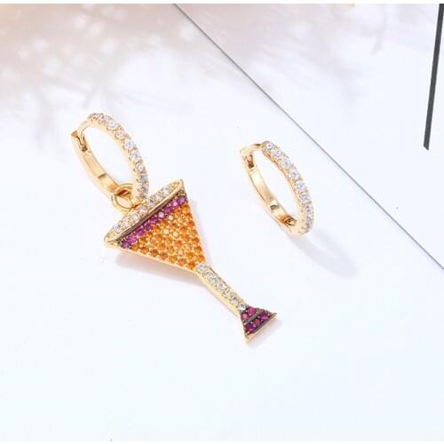 Colorful Cubic Zircon Wine Bowl Hoop Earrings For Women Gold Wineglass Asymmetry Earrings Fashion Jewelry Wedding Party Brincos