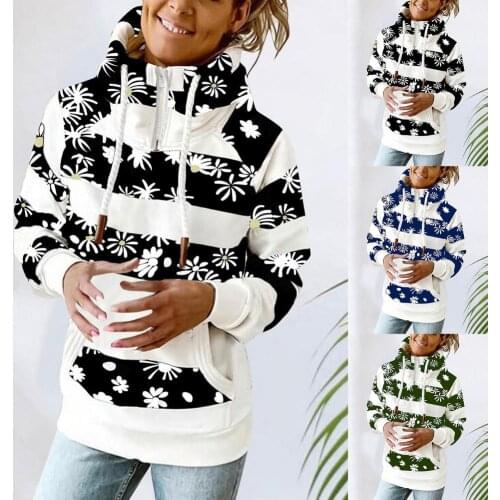 Women Autumn Winter Warm Striped Print Sweatshirts Oversize Long Sleeve High Neck Loose Pullovers Female Tops Christmas Gift2021