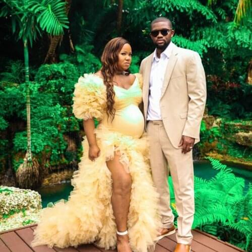 Buyer Shows Ruffled Bridal Maternity Dresses For Photo Shoot Slit Puffy Sleeve Elastic Women Mermaid Party Vestidos Plus Size