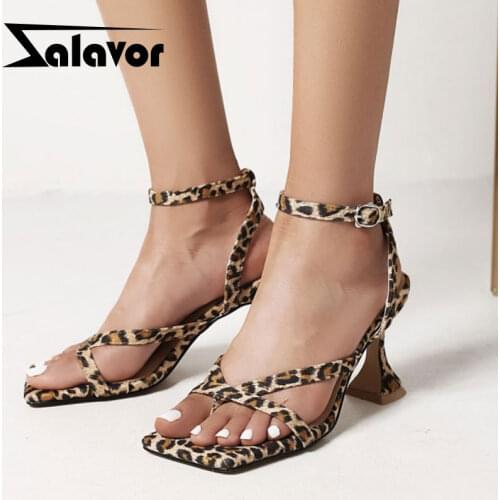 ZALAVOR 2021 New Women Sandals Shoes Square Tor Mixed Colot Strange Heels Buckle Strap Party Summer Female Footwear Size 34-43