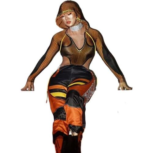 Racing Style Striped Letter Print Women Bodysuits V-Neck Asymmetrical Hooded Fit and FlareJumpsuit Playsuits Jazz Dance Costume