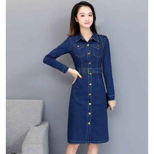 New Plus Size Spring Autumn Women Dresses Turn-Down Collar Solid Sashes Slim Single Button Jeans Dress For Women Denim One-Piece