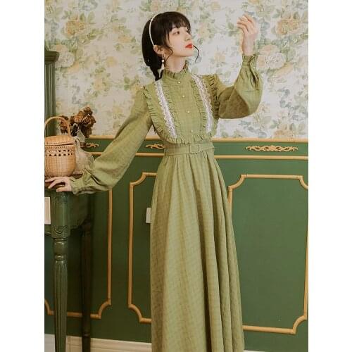 New Arrival Mori Plaid Retro Ruffled Stand Collar Elegant Dress Robe Femme Pleated Lace Chic Design Fashion Puff Sleeve Dress