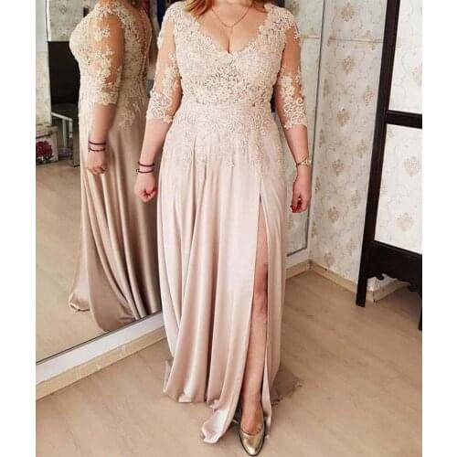 2020 Plus Size Mother of the Bride Dress for Wedding PartyA-line side slit V-neck 3/4 Sleeves Chiffon Gowns vestido de festa