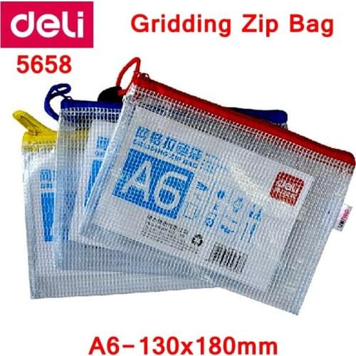 1PCS Deli 5658 A6 Gridding zip bag 130x180mm File bag File pocket zip folder documents pocket mixed color wholesale