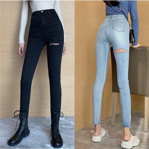 2020 Retro stretch tight skinny jeans female spring was thin high waist small feet pants slim casual pants