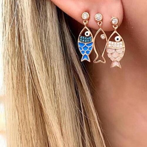 3Pcs/Set Bohemian Hollow Fish Rhinestone Charm Stud Earrings Women Jewelry Gift fashion