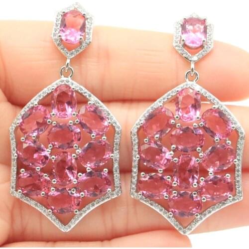 53x26mm Luxury Jewelry Set Big 13.7g Created Pink Tourmaline White Cubic Zircon For Women Bride Wedding Silver Earrings Pendant