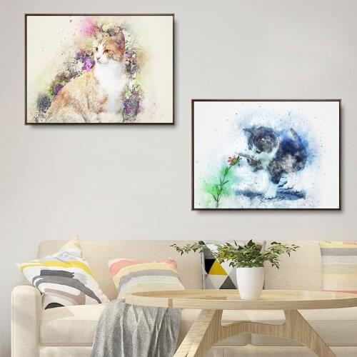 Abstract Pet Kitten Cat Watercolor Poster Canvas Print Painting Wall Art Living Room Home Decoration