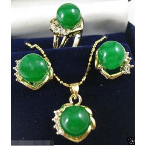 FREE shipping> >>>>>New Jewelry 10mm Green Natural stone Earrings Ring & Necklace Pendant Set