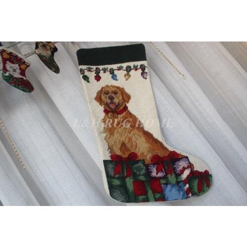 Free Shipping Christmas Needlepoint Socks Hand knotted Merry Christmas Stocking Sock Cute Dogs Design Stocking Socks 28X43CM
