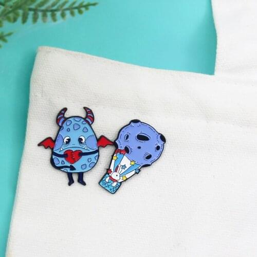 Blue Badge Flying devil dinosaur egg Enamel Brooch Rabbit lapel pin in hot air balloon Meteorite planet wing star Brooches