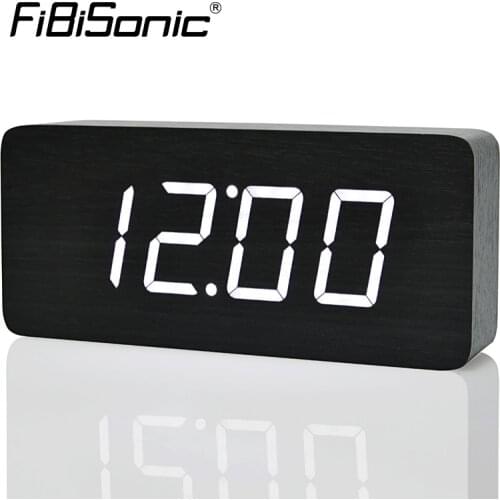 FiBiSonic 2021 New Design Wood LED Digital Clocks Voice Control Big Numbers Temperature Wooden Quartz Alarm Clock