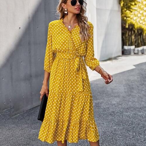 Polka Dot Print Maxi Dress 2021 High Waist V Neck Lace Up Ruffle Ladies Spring Summer Clothes Casual Elegant Holiday Dresses