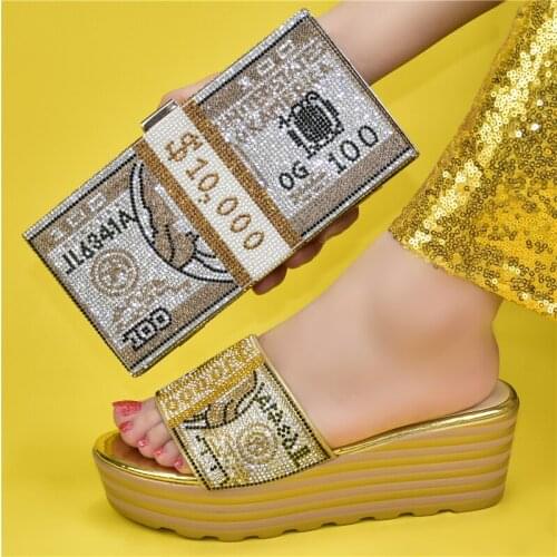 Doershow nice looking gold Italian Shoes With Matching Bag High Quality Italy Shoe And Bag set For wedding and party!HJK1-22
