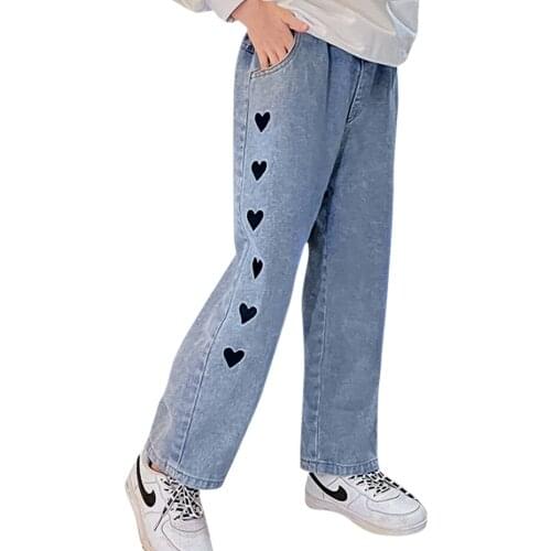 Jeans For Girl Heart Pattern Girls Jeans Pants Casual Style Kid Jeans Spring Autumn Childrens Clothes 6 8 10 12 14