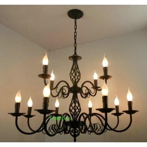 European Iron Art Candle Chandelier Lighting Vintage Black Lamps American Living Room Stair Hanging Lamps Lighting For The Home