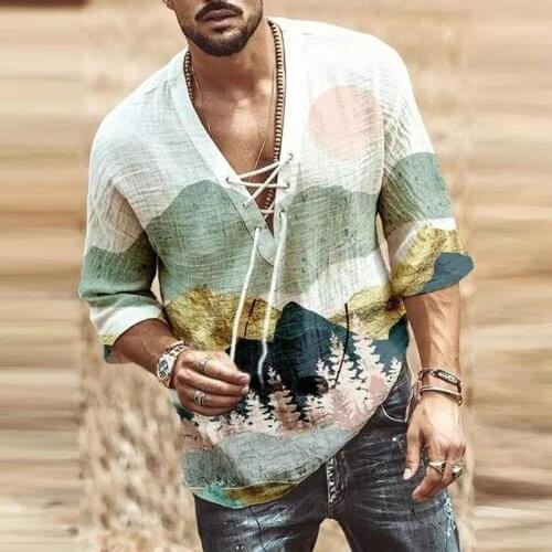 2021 Summer Casual Loose T Shirts Fashion Drawstring V-Neck Tops Men Pullover Retro Landscape Printing Half Sleeve Tee Shirt Men