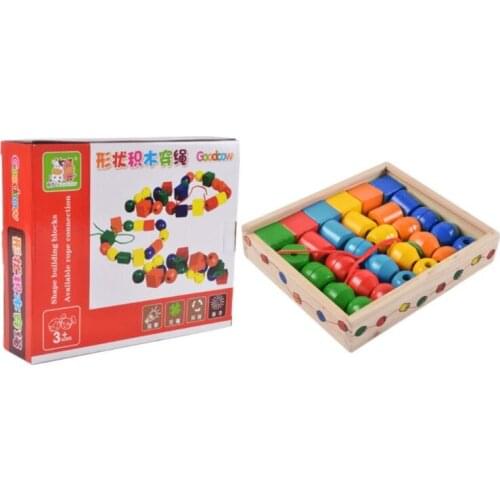 Geometric Shape Wooden Lacing Beads Kids Montessori Blocks Threading Educational Toy Gift for Children Q0KB