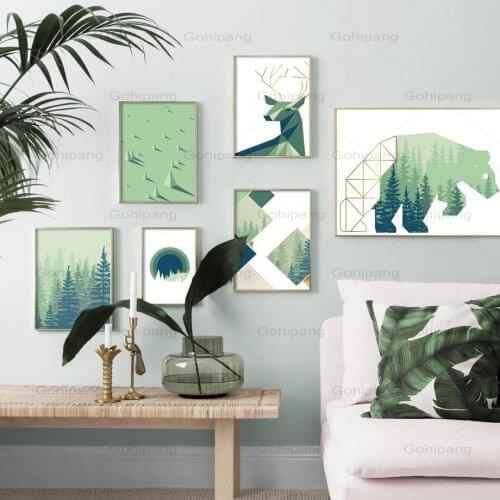 Canvas Painting Abstract Geometric Bear Deer Sun Forest Nordic Wall Art Posters and Prints Wall Pictures for Living Room Decor