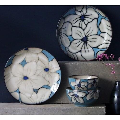 Ceramic plate and bowl set creative dish dish Japanese style dinner plate home hand painted round deep plate Retro