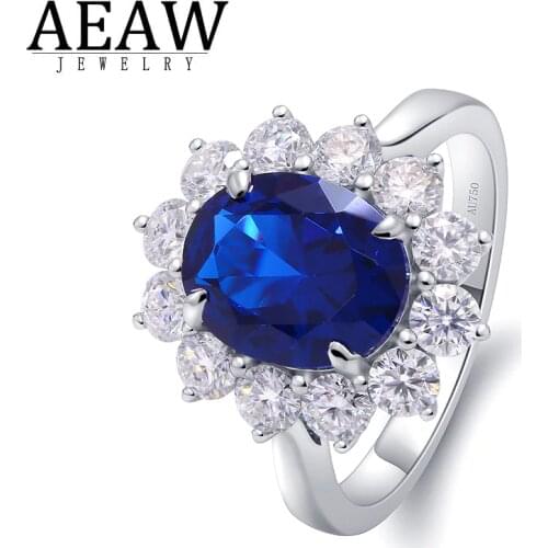 AEAW Genuine Woman Engagement Rings 8x10mm Lab Sapphire with Moissanite Jewelry Solid 14K White Gold Ring Classic Lady Jewelry
