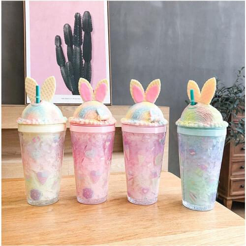 Creative Ice Cup Korean Version Girl Heart Rabbit Sippy Cup Cute Double Ice Broken Ice Plastic Water Cup Free Shipping Items