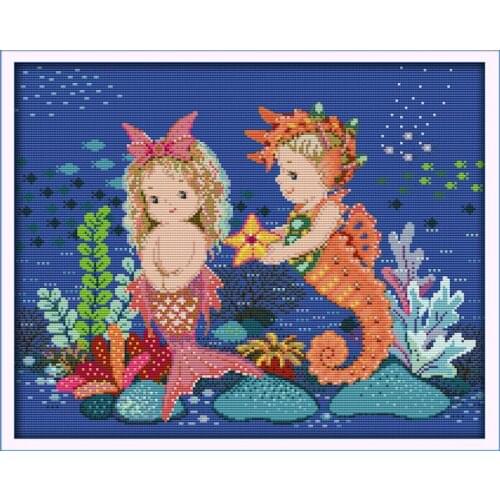 The little mermaid and sea horse cross stitch kit 18ct 14ct 11ct count print canvas stitches embroidery DIY handmade needlework