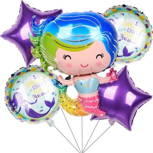 Cartoon Lively Smiling Mermaid Aluminum Foil Balloon Set Colorful Fishtail Round Ball Happy Birthday Party Decoration Supplies