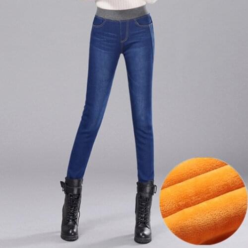 2021 New Winter Thick Plus Velvet Fleece Warm Women Elastic High waist Skinny mom Stretch Female Denim Pencil trousers size