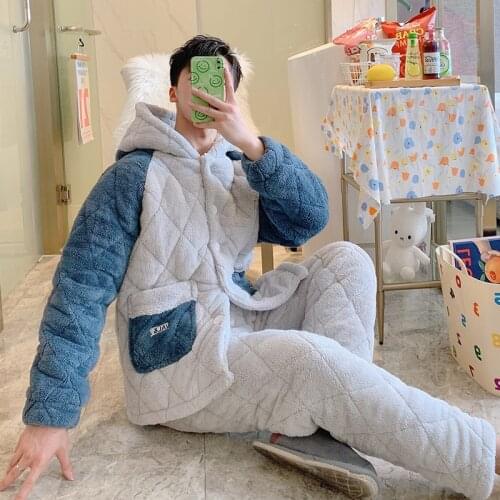 Winter New Men Flannel Pajamas Set Three Layer Hooded Thick Nightwear Male Coral Velvet Warm Nightdress Casual Loose Sleepwear