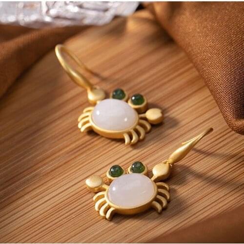 Original S925 Sterling Silver Gold Plated Hetian Jade Personality Crab Special-Interest Design Womens Earrings Eardrop Ring Set