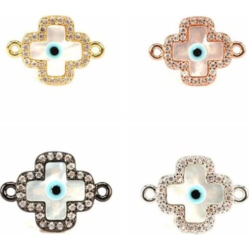 Evil eye Shell Cross Beads connector link Micro Pave for DIY Bracelet Making Jewelry Hand Chain Anklet Necklace