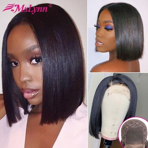 4x4 Bob Lace Closure Wigs Straight Lace Front Human Hair Wigs For Black Women Brazilian Short Wigs Natural Color Mslynn Remy Wig