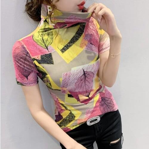 Size S-3XL Women Turtleneck Slim Soft Short Sleeve T Shirts Lady Printed Mesh Elegant Stretchy Tops Tees Female Fashion T-Shirt