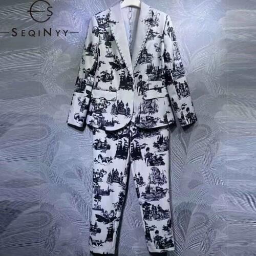 SEQINYY Blue Fashion Set Early Autumn Spring New Design Women Runway Crystal Blazer + Slim Pants Flowers Buildings Print Vintage