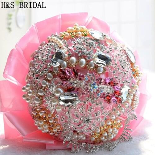 Gorgeous 2020 buque de noiva Wedding Flowers Bridal Bouquets Blue Pink Artificial Wedding Bouquet Crystal Sparkle With Pearls